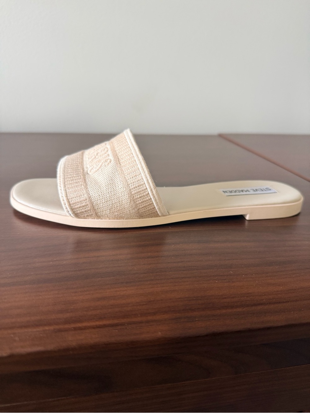 Steve Madden Cream Slide Sandals with Logo Patch - Picture 3 of 4